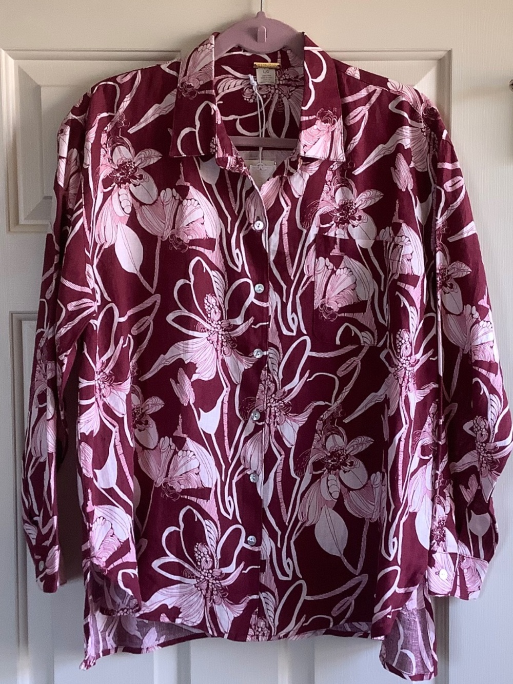 Magaschoni 100% Linen Floral Print Relaxed Fit Button Down Shirt Burgundy SZ L